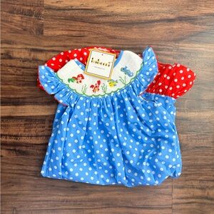 Smocked Polka Dot Mermaid Swim Dress - Blue & Red
